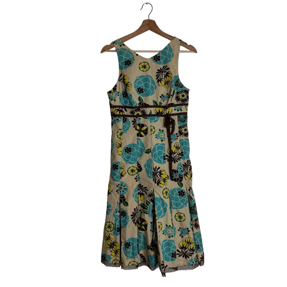 Lida Baday Women's Floral Sleeveless Pleated Midi Dress Tan Blue Size 6